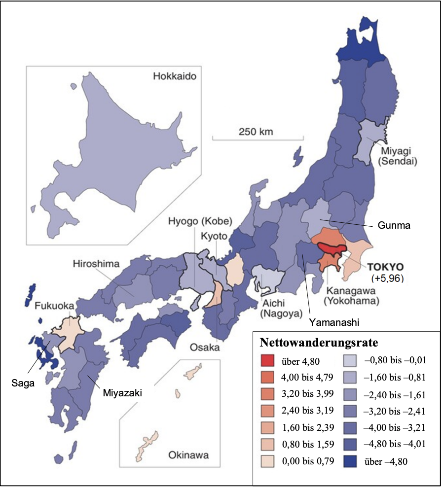 Karte Japans mit farblich dargestellter Nettowanderungsrate der Präfekturen.